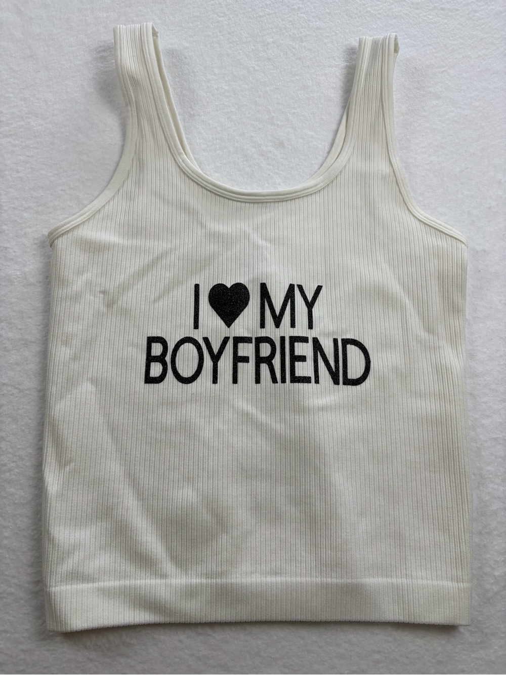 a new day White Ribbed Tank Top with I 🖤 My Boyfriend in black Print